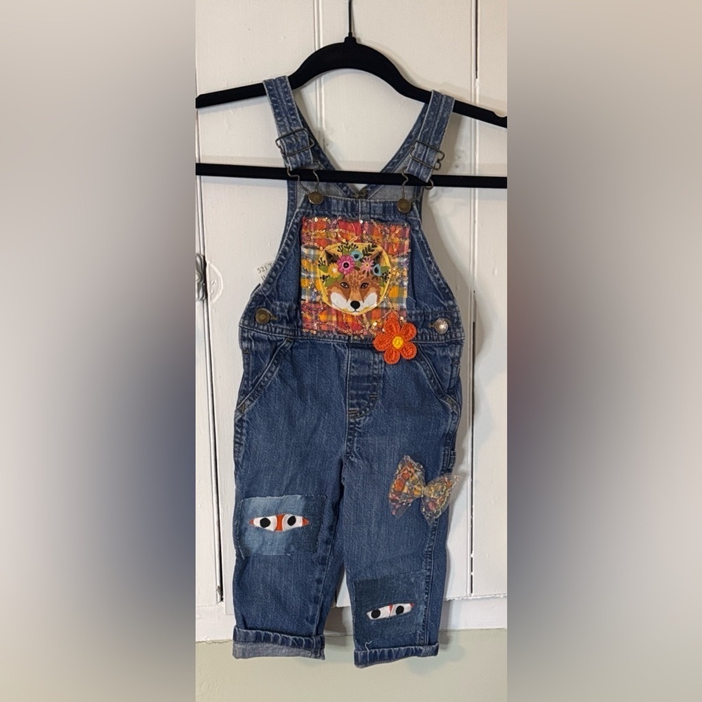 Insanely Jane Kids Denim Overalls with Fox and Floral Accents